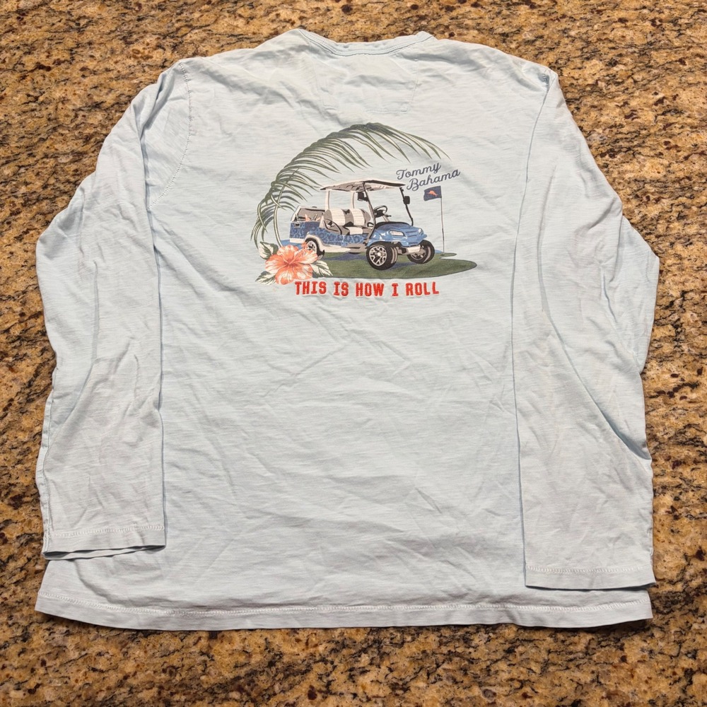 Tommy Bahama Mens Large Blue Long Sleeve Golf Cart Graphic T-Shirt Cotton ws